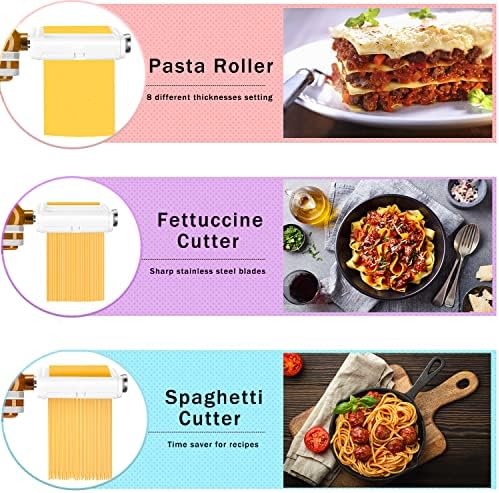 Pasta Maker Attachment for Kitchenaid Mixers, Noodle Maker 3 in 1 Set of Pasta Sheeter Fettuccine Cutter Spaghetti Cutter and Cleaning Brush, Kitchen aid Mixer Accessories White