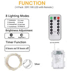 4-Pack 33FT 100 LED Fairy Lights Battery Operated with Remote & Timer, Waterproof Twinkle String Lights Outdoor Indoor 8 Modes for Bedroom Classroom Dorm DIY Christmas Party Garden Tree (Warm White)