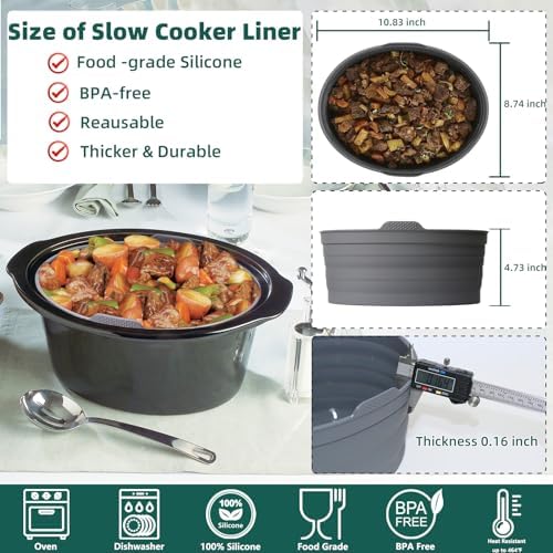 Slow Cooker Liners, Foldable Reusable Silicone Cooking Liners Compatible with Crock-Pot & Hamilton Beach Oval 6 QT, Leakproof Dishwasher Safe Slow Cooker Accessories for Most Oval Shape 1 PCS Grey
