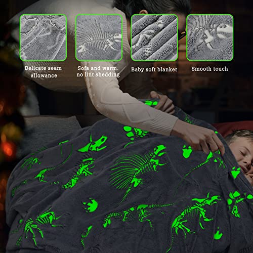 Glow in The Dark Blanket Dinosaur Blanket for Boys Kids Soft Cute Dino Blanket Christmas Toys Gifts Gray Glowing Dinosaur Blanket for Bed 90x90 inch