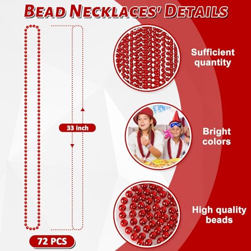 EOBOH 72PCS Bead Necklace, Red Christmas Bead Stuff Party Favors, 33" Necklaces Festival Parade Throw Accessories for Wedding Birthday Valentines Mardi Gras Christmas Celebrations Decorations