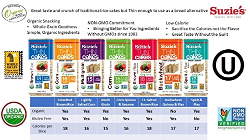 Suzie's Organic Multigrain Rice Cake Thins|6 Pack|USDA Organic, NON-GMO, Fat-Free, Sugar-Free, Gluten-Free|Low-Calorie Snack-16 Calories Per Slice|Bread & Cracker Replacement