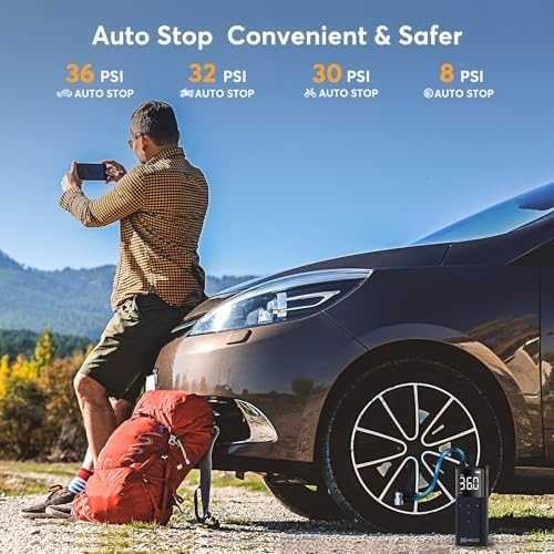 Tire Inflator Portable Air Compressor, 10000mAh Cordless Air Pump for Car Tires, 150PSI Electric Bike Tire Pump with Pressure Gauge, LED Light for Motorcycle, Bicycle, Ball, Car Accessories