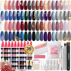 170Pcs Dip Powder Nail Kit, AZUREBEAUTY 36 Colors Brown Purple Christmas New Year Winter Dip Nail Powder Starter Set with Essential Liquid and Removal Accessories Set for French Nail Manicure Salon