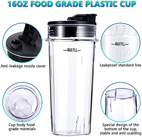 Blender Replacement Parts Compatible with Nutri Ninja, 5 Fins Extractor Blade, 2×16oz Cups with To-Go Lids, 3×Rubber Gasket Accessories for Ninja QB3000/QB3000SSW/QB3004/QB3005/QB3001