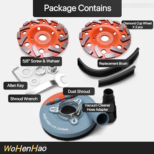 Dust Shroud for Angle Grinder 4.5-5 inch + 2 PCS Diamond Grinding Cup Wheel 5 inch + Replacement Brush, Universal Surface Grinding Shroud with Grinding Wheel Kit for Various Surfaces