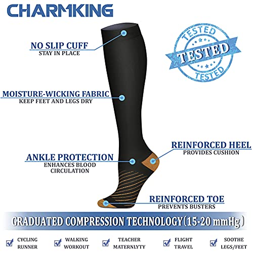 CHARMKING Compression Socks for Women & Men (8 Pairs) 15-20 mmHg Graduated Copper Support Socks are Best for Pregnant, Nurses - Boost Performance, Circulation, Knee High & Wide Calf (S/M, Multi 26)