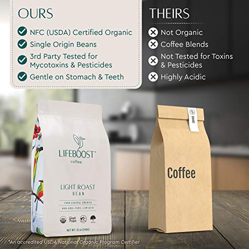 Lifeboost Light Roast Coffee Beans - Non-GMO Single Origin Low Acid Organic Light Roast Coffee - Third Party Tested For Mycotoxins & Pesticides - Whole Bean - 12 Ounces