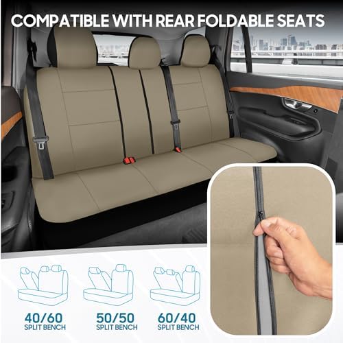 BDK PolyPro Car Seat Covers Full Set in Solid Beige, Front and Rear Split Bench Seat Covers for Cars, Easy to Install Car Seat Cover Set, Car Accessories for Auto Trucks Van SUV - Solid Beige