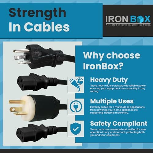 IronBox Electric - NEMA 6-20P Plug to IEC C13 Power Cord - 15A/250V, 14/3 AWG - UL Listed Heavy Duty Power Cord - Replacement Cords for Monitor, Computer, Printer, Audio Speaker & More (6ft, Molded)