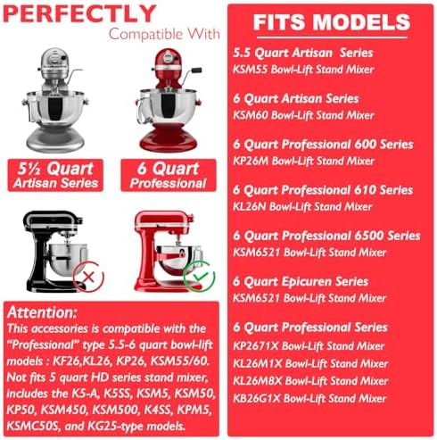 Stainless Steel Accessories for KitchenAid 5.5-6 Qt Bowl-Lift Stand Mixer, Includes 6 Wire Whisk, Beater, Dough Hook, Dishwasher Safe and Heavy Duty, fits for KP26, KL26, KB26, KSM55/60