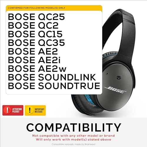 Replacement Earpads for Bose QuietComfort QC 15 25 35 Premium Ear Pads QC15 QC25 QC35 AE2 & SoundLink, Memory Foam, Soft & Long Lasting by Brainwavz