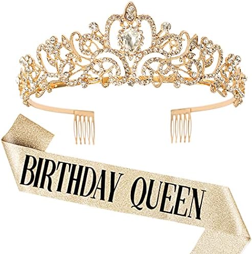 "Birthday Queen" Sash & Rhinestone Tiara Set COCIDE Silver for Women Birthday Decoration Kit Headband for Girl Glitter Crystal Hair Accessories for Party Cake Topper