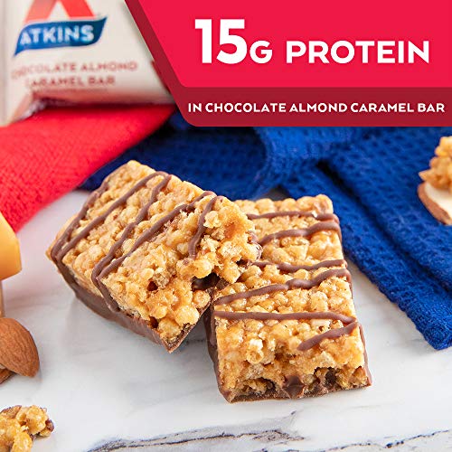 Atkins Chocolate Almond Caramel Protein Meal Bar, High Fiber, 15g Protein, 1g Sugar, 3g Net Carbs, Meal Replacement, Keto Friendly, 8 Count