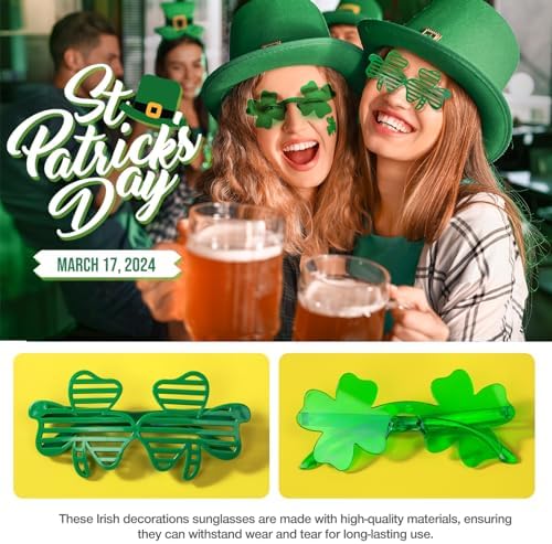 29Pack St Patricks Party Favors of 16pcs Shamrock Beads Necklace Bulk, 6pcs Clover Eyewear Sunglasses, 6pcs Green Hats Headband, 1pc St. Patrick's Day Stickers Party Dressing-up Costume Accessories