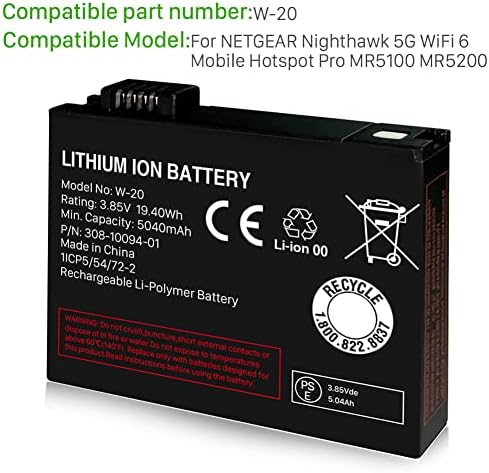 SHENMZ W-20 Battery for NETGEAR Nighthawk 5G WiFi 6 Mobile Hotspot Pro by AT&T W-20 MR5100 MR5200, MR5200-100EUS Higher Capacity Replacement Battery