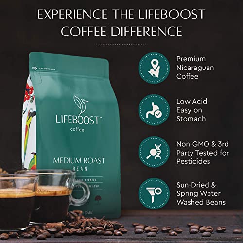 Lifeboost Coffee 3 Pack Medium Roast Whole Bean Coffee - Low Acid Single Origin USDA Organic Coffee - Non-GMO Whole Beans Coffee Third Party Tested For Mycotoxins & Pesticides - 12 Ounces