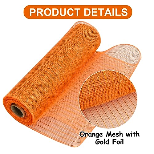 TONIFUL 2 Rolls 10 Inch Orange Decorative Mesh Ribbbon Rolls, Fabric Mesh with Foil for Mesh Wreath Supplies, Front Door Wreath Crafts Tree Decor Christmas NewYears Halloween Decoration (10 yds/roll)