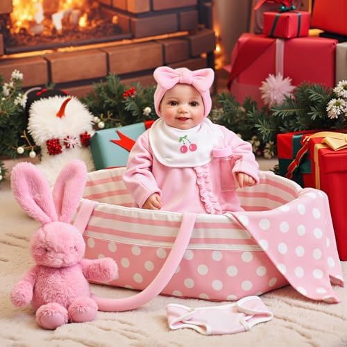 BABESIDE 8 Pcs Reborn Baby Doll Clothes with Bassinet for 17-22 Inch Baby Dolls, Baby Doll Accessories and Doll Clothes Outfit fit Newborn Baby Doll Girl, Babies Pretend Play Set (Not Doll)