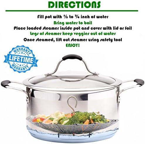 Veggie Steamer Basket - Large - Fits Instant Pot Pressure Cooker 3, 5, 6 Qt & 8 Quart - 100% Stainless Steel - Accessories Include Safety Tool + Julienne Peeler + eBook - For Instapot