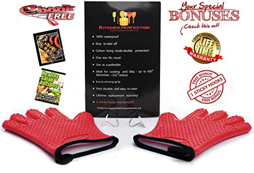 KITCHEN PERFECTION Silicone Smoker Oven Gloves -Extreme Heat Resistant BBQ Gloves -Handle Hot Food Right on Your Grill Fryer&Pit|Waterproof Grilling Cooking Baking Mitts|Superior Value Set +3 Bonuses