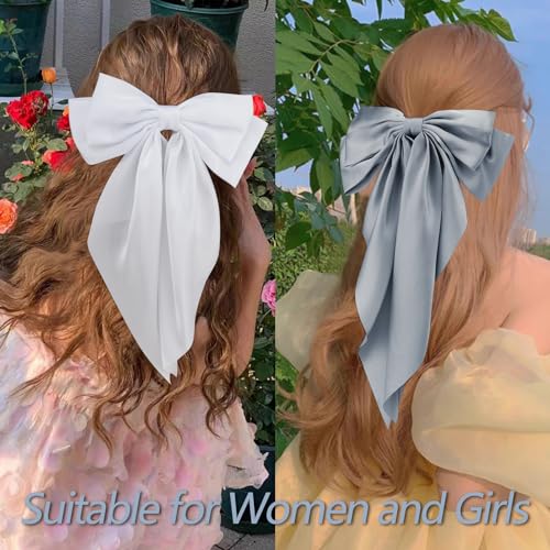 Velscrun Hair Bows for Women Girls 4Pcs White Silky Hair Bow Navy Blue Satin Large Coquette Bow Grey Big Hair Bows Clip Oversized Hair Ribbons Long Tail Black Bow Hair Barrettes Hair Accessories Gifts
