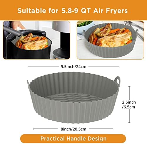 OUTXE Silicone Air Fryer Liners, 2-Pack Reusable Airfryer Basket Tray Accessories Round Compatible With Ninja Cosori Gourmia 5.8/6/7/8/9 qt (Blue+Gray)