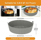 OUTXE Silicone Air Fryer Liners, 2-Pack Reusable Airfryer Basket Tray Accessories Round Compatible With Ninja Cosori Gourmia 5.8/6/7/8/9 qt (Blue+Gray)