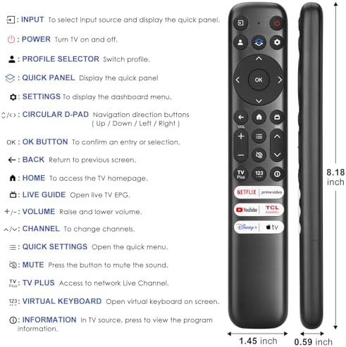 Replacement for TCL Google TV Remote Control, RC813 Compatible with TCL QM8/QM7/S5/S4/S3/Q7/Q6/Q5 4K UHD HDR LED QLED QD-MiniLED Full-HD Smart TVs