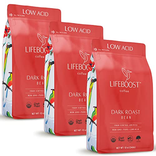 Lifeboost Dark Roast Whole Bean Coffee - Non-GMO Low Acid Single Origin USDA Organic Coffee - Third Party Tested For Mycotoxins & Pesticides - 12 Ounces (Pack of 3)