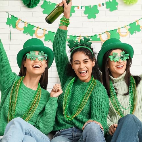 12 PCS St Patricks Day Necklace, Gold Green Beads Shamrocks Necklace, Plastic Shamrocks Bead Necklace Set, Irish Beer Decorations Supplies for St.Patricks Day Accessories Decorations Favors Bulk