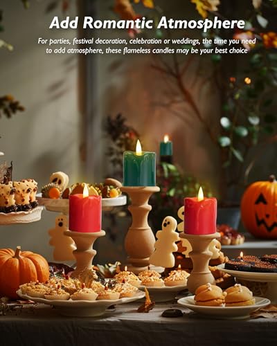 Homemory 2" x 2" Green & Red Timer Flickering Flameless Candles, 400+ Hour Battery Operated Votive Candles, 6Pack 3D Wick Electric Fake Candles for Party, Christmas, Halloween and Festival Celebration