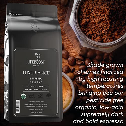 Lifeboost Coffee Espresso Ground Coffee - Low Acid Single Origin USDA Organic Coffee - Non-GMO Espresso Coffee Third Party Tested For Mycotoxins & Pesticides (Espresso Ground 12oz x 3 pack)