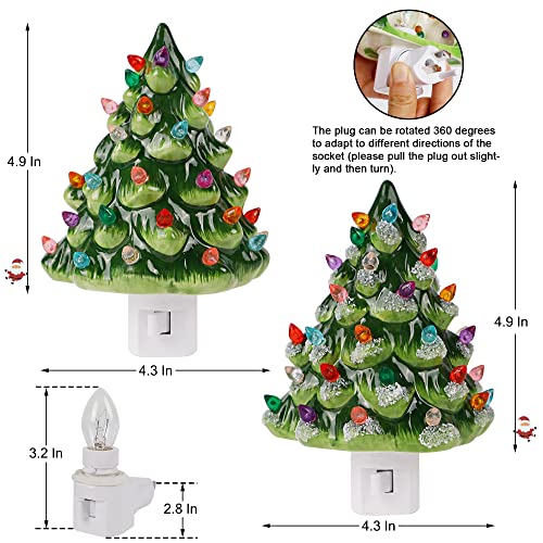 Blissun Set of 2 Ceramic Christmas Tree Night Light, 6" Christmas Decorative Ceramic Tree