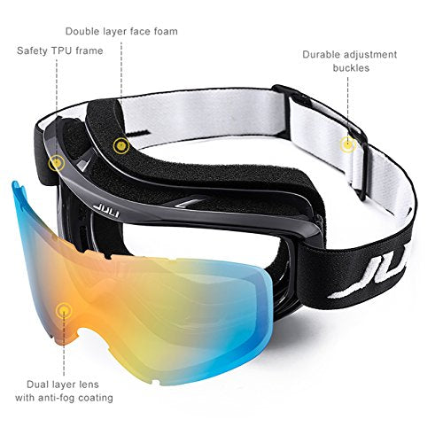 JULI Ski Goggle/Snow Snowboard Goggles for Men, Women & Youth - 100% UV Protection Anti-Fog Dual Lens(Black Frame+15% VLT Colorful Len)