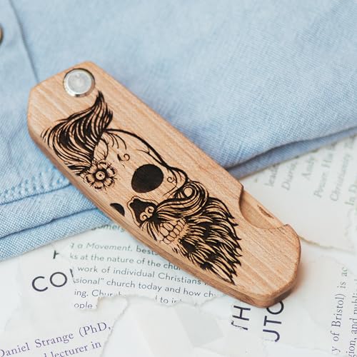 Enjoy The Wood Beard Comb for Men, Folding Pocket Beard Accessories for Men, Engraved Walnut Wooden Comb for Moustache, Beard & Hair - Perfect Gift For Him (Gift for Him (Skull)) (Model HS)