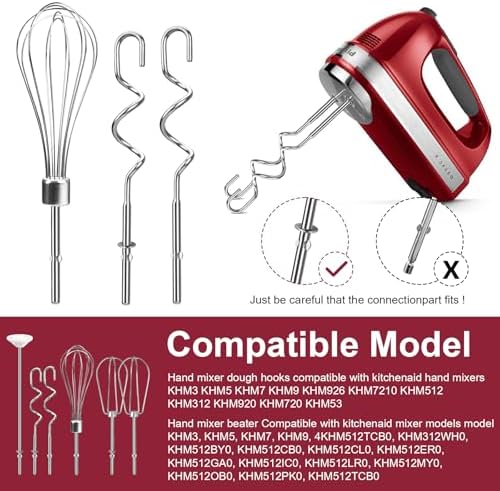 Hand Mixer Attachments Beater, Whisk, Blending Rod and Dough Hooks, Stainless Steel Hand Mixer Accessories Compatible with Kitchenaid Hand Mixers KHM3 KHM5 KHM7 KHM9, Set of 6