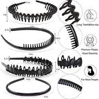8 PCS Fashion Effortless Plastic Headbands with Teeth Comb Black Skinny Headbands No Slip Hair Accessories Bands for Women Men Teen Girls, Bright Black