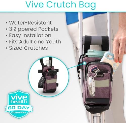 Vive Crutch Accessories Bag - Pouch for Crutches - Accessory Storage Carry Kit for Women, Men, Adults, Kids - Cup and Bottle Pocket Holder with Ergonomic Design (Purple)