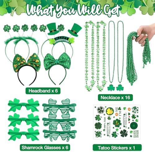 29Pack St Patricks Party Favors of 16pcs Shamrock Beads Necklace Bulk, 6pcs Clover Eyewear Sunglasses, 6pcs Green Hats Headband, 1pc St. Patrick's Day Stickers Party Dressing-up Costume Accessories