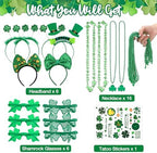 29Pack St Patricks Party Favors of 16pcs Shamrock Beads Necklace Bulk, 6pcs Clover Eyewear Sunglasses, 6pcs Green Hats Headband, 1pc St. Patrick's Day Stickers Party Dressing-up Costume Accessories