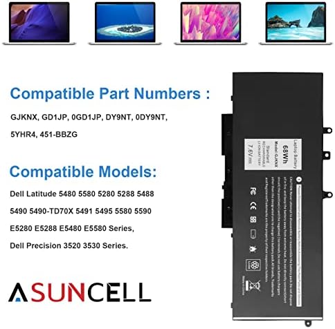 GJKNX 68WH 7.6V Battery Replacement For Dell Latitude 5480 5580 5490 5491 5580 5590 5591 5280 5288 5488 5491 5495 E5480 E5580 E5490 E5590 Precision 3520 3530 Series GD1JP 0GD1JP DY9NT 5YHR4 451-BBZG
