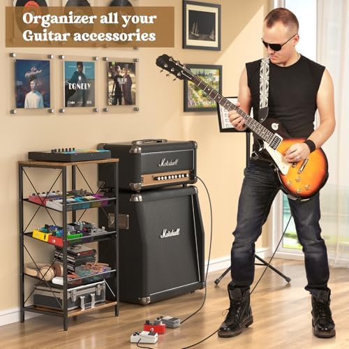 Guitar Pedal Organizer, 5 Tier Tuner Pedal Storage Shelf, Vintage Pedal Board Holder Stand, Freestanding Wooden Music Tuning Accessories Organization for Bass Guitar Ukulele Violin
