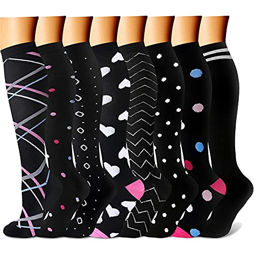 CHARMKING Compression Socks for Women & Men (8 Pairs) 15-20 mmHg Graduated Copper Support Socks are Best for Pregnant, Nurses - Boost Performance, Circulation, Knee High & Wide Calf (S/M, Multi 20)