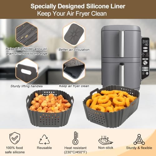 BYKITCHEN Silicone Air Fryer Liners for Ninja SL401 Double Stack 2 Basket Airfryer, Reusable Rectangle Perforated Silicone Liners for Dual Airfryer, Ninja DoubleStack XL Air Fryer Accessories
