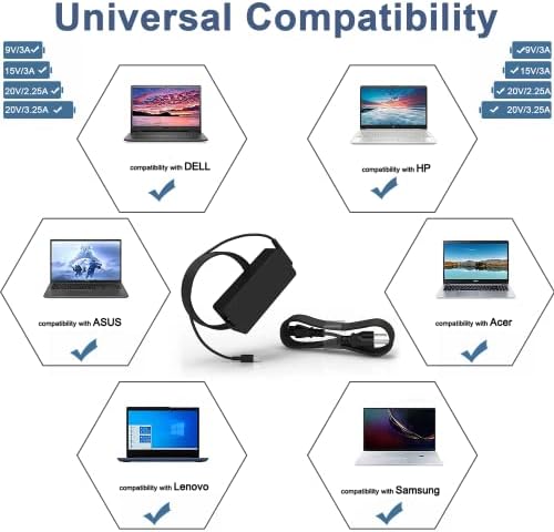 Universal 65W 45W USB C Laptop Charger-Replacement for Lenovo Thinkpad/Yoga/Chromebook,HP Acer Asus Samsung Mac book pro Dell Chromebook Latitude xps 13 Series,Fast Type C AC Adapter Power Cord Supply