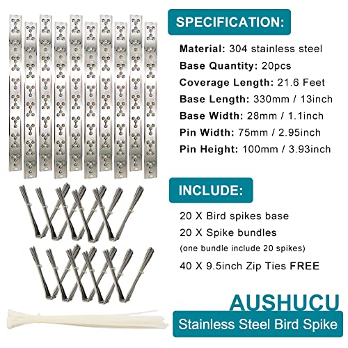 aushucu Bird Spikes Cover 21.6Feet Stainless Steel Pigeons Spikes Small Bird Spike for Roof Fence Window Mailbox(20Feet)