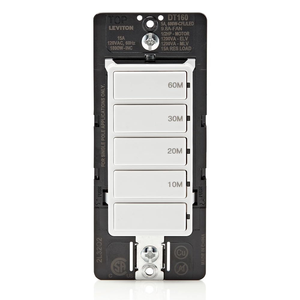 Leviton Countdown Timer Switch for bathroom fan and household lights, 10-20-30-60 min, No Neutral Required, Single Pole, 15A, 1/2HP/9.8A Fan/Motor, DT160-1LW, White