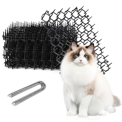 TSLBW 6.2 * 8 Inch 12 Pcs Cat Scat Mat with SpikesCat Repellent Mat with Spikes Pet Deterrent Net Anti Cat Mat Gardening Plastic Cat Scat Mat with 8 U-Shaped Pegs Wild Animal Garden Plants