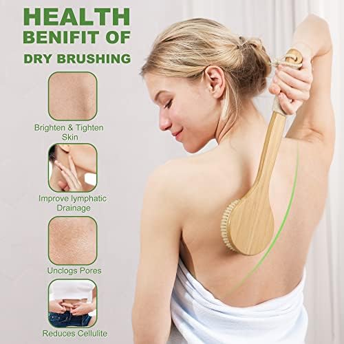 Natural Boar Bristle Dry Brush - Exfoliating Body, Face & Foot Brush, Long Handle Back Scrubber, Meridian Pressure for Lymphatic Drainage & Cellulite